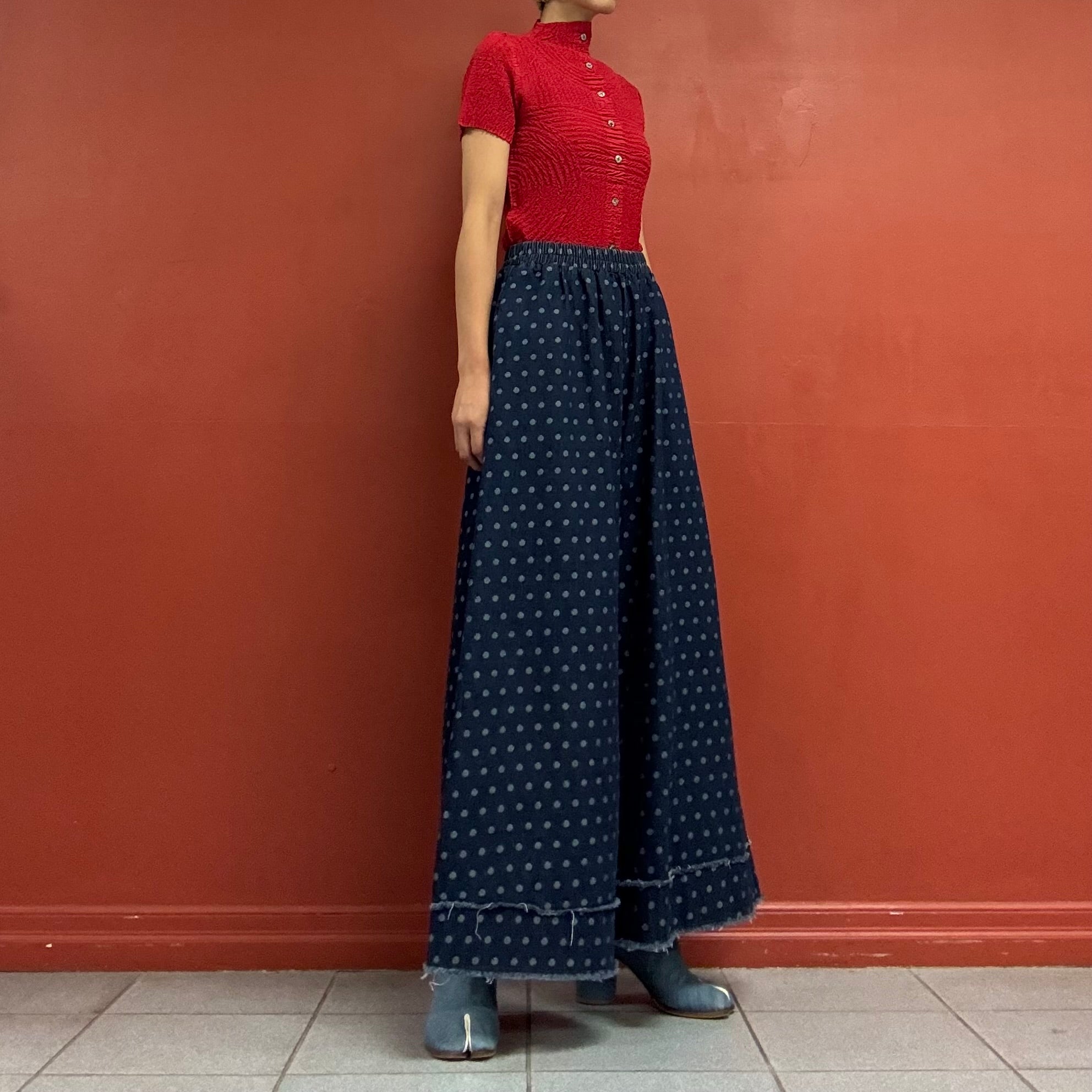 Polka dots denim wide pants