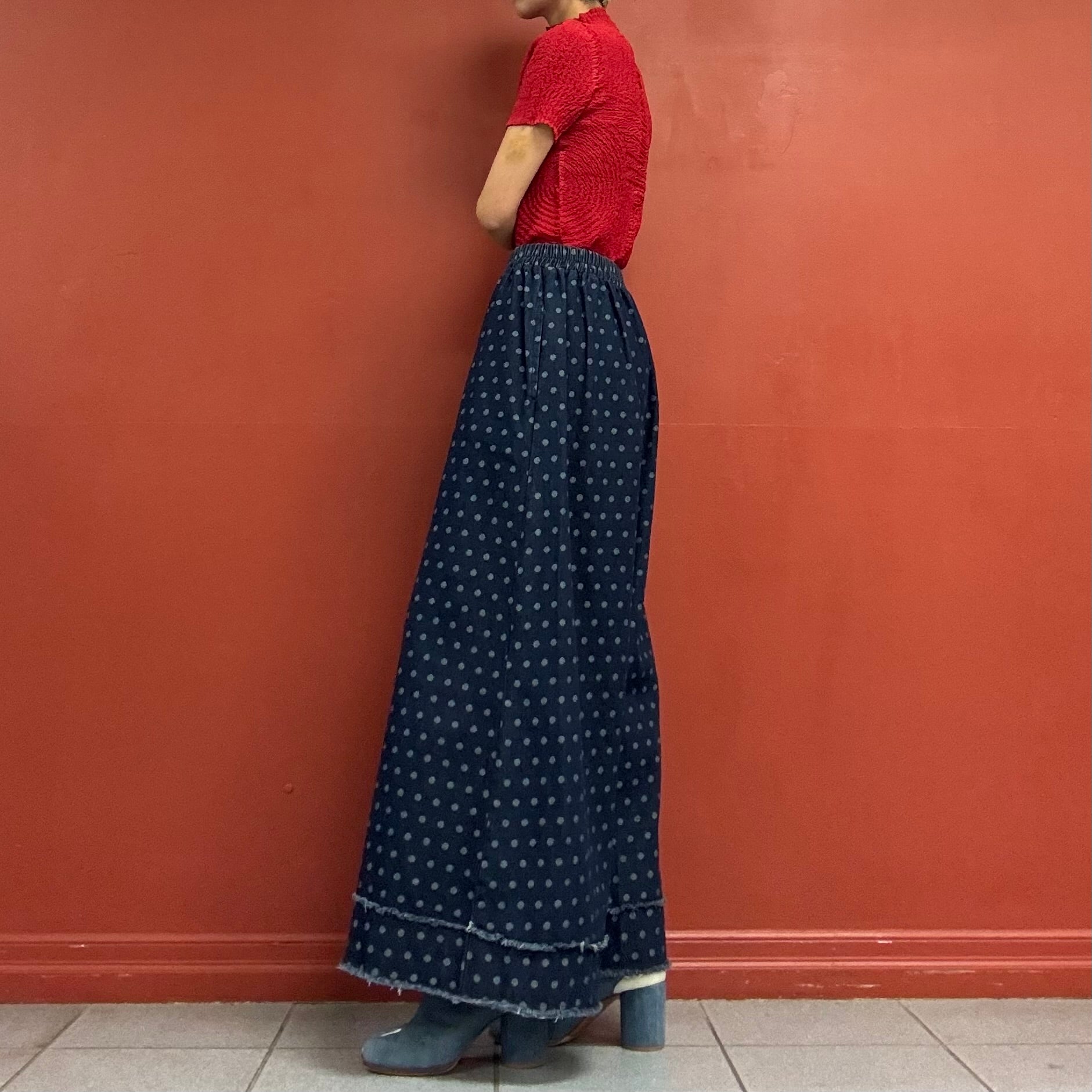 Polka dots denim wide pants