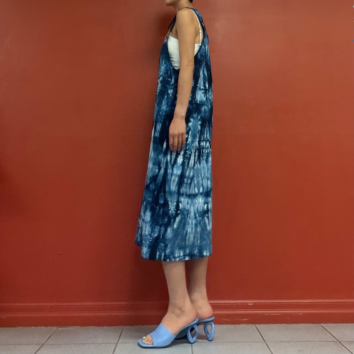 Indigo shibori pinafore dress