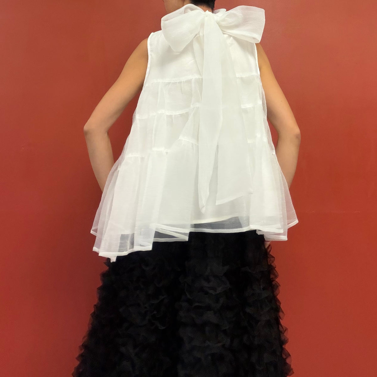 Sheer tiered bow neck top