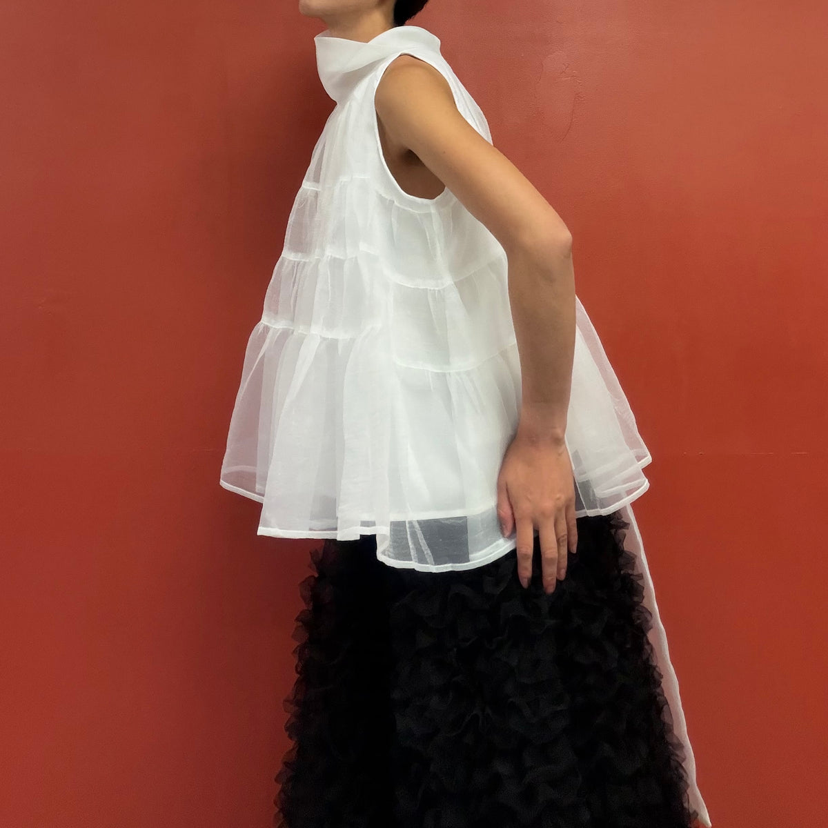 Sheer tiered bow neck top