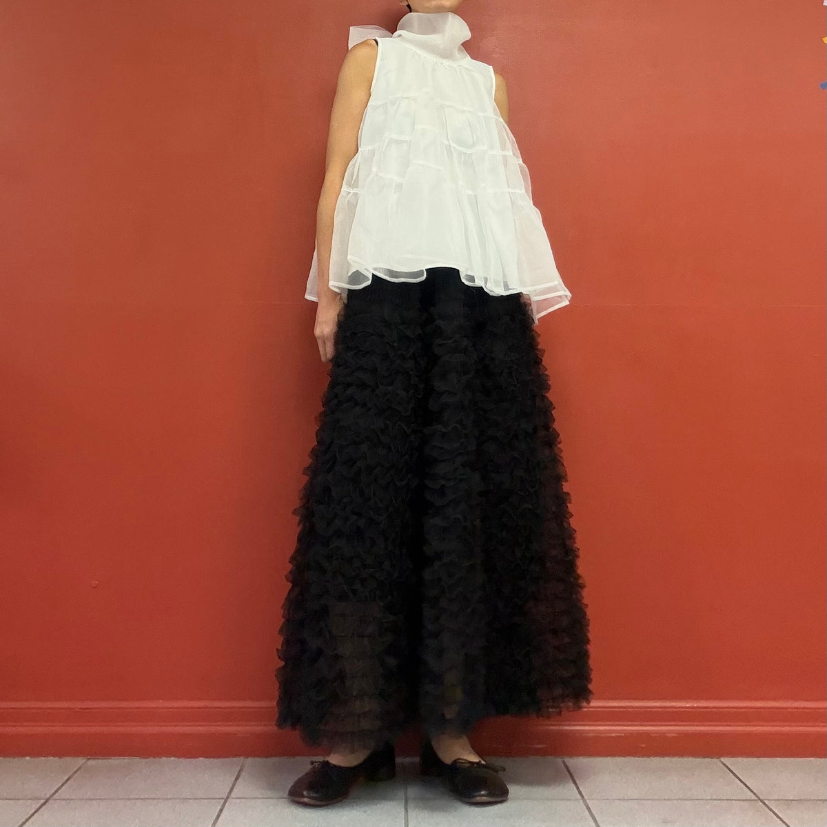 Sheer tiered bow neck top