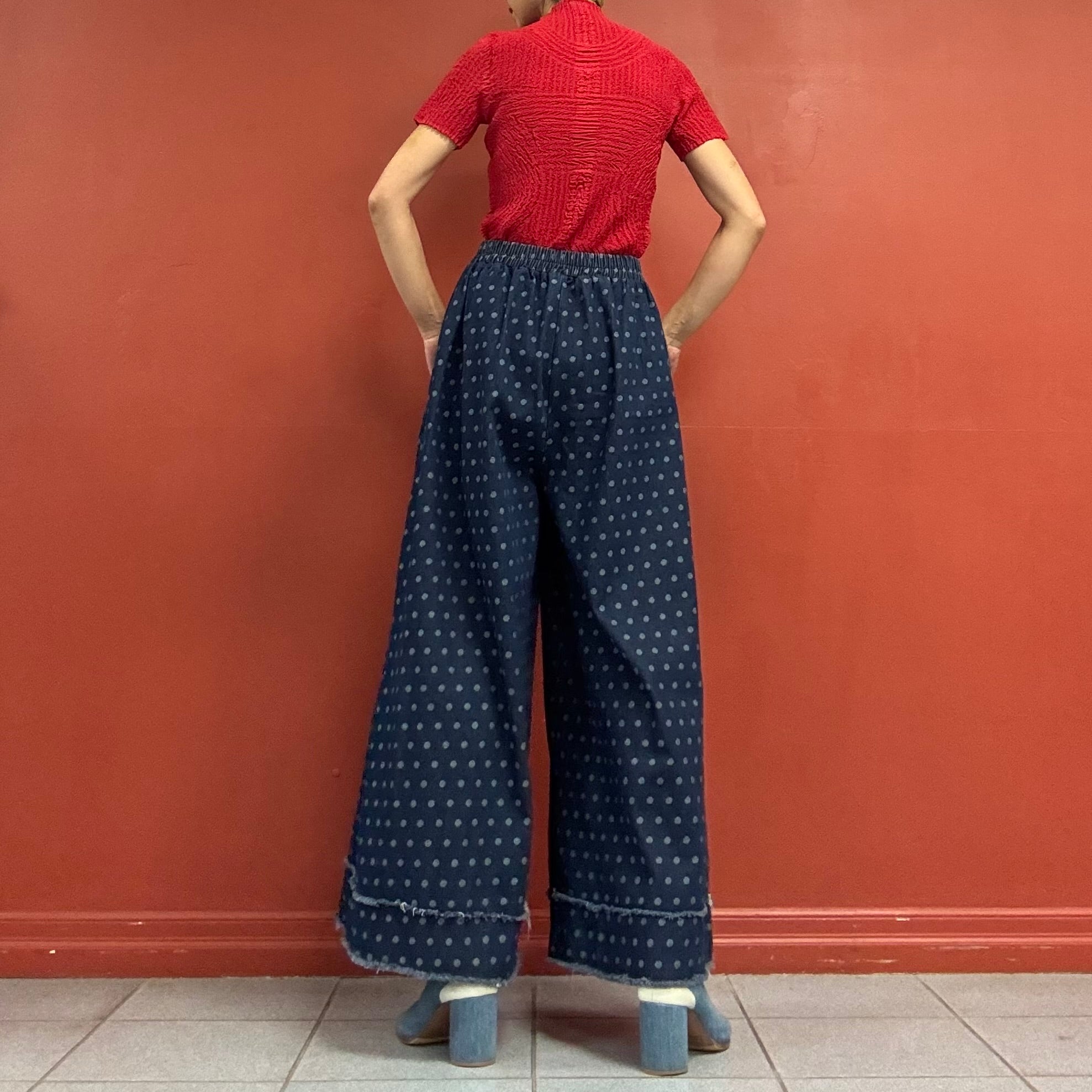 Polka dots denim wide pants