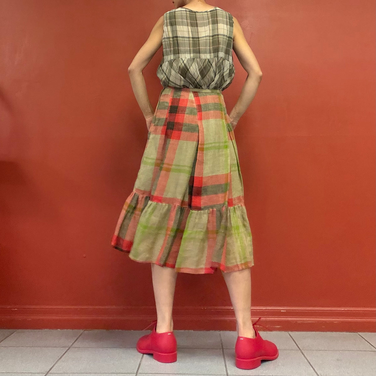 Mixed plaid tiered skirt