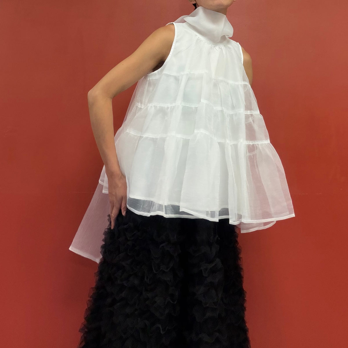 Sheer tiered bow neck top