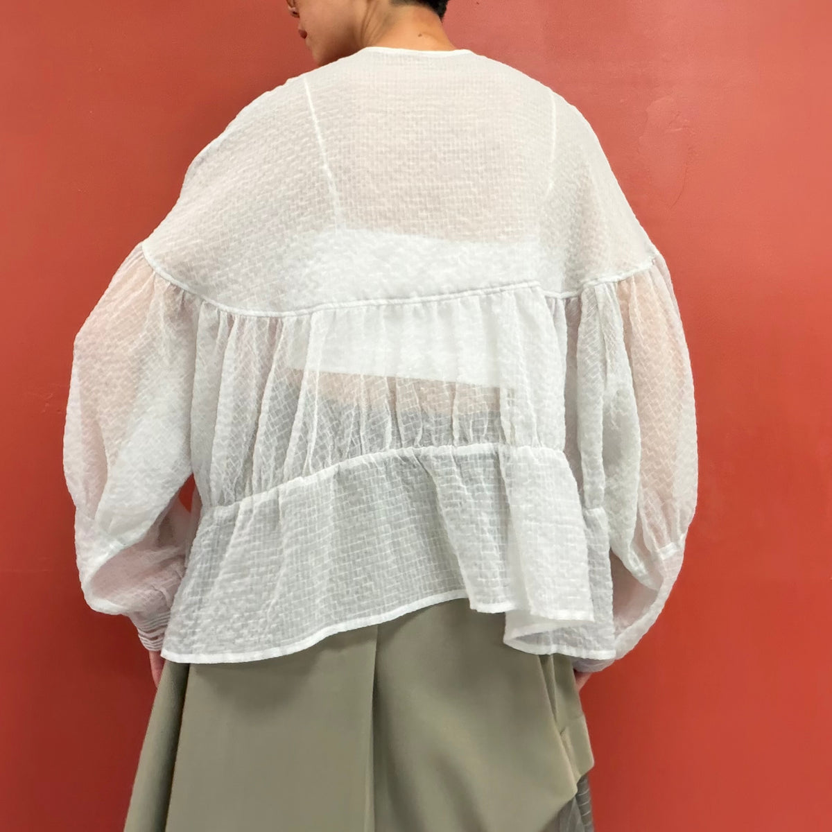 Sheer blouse with puffy sleeves