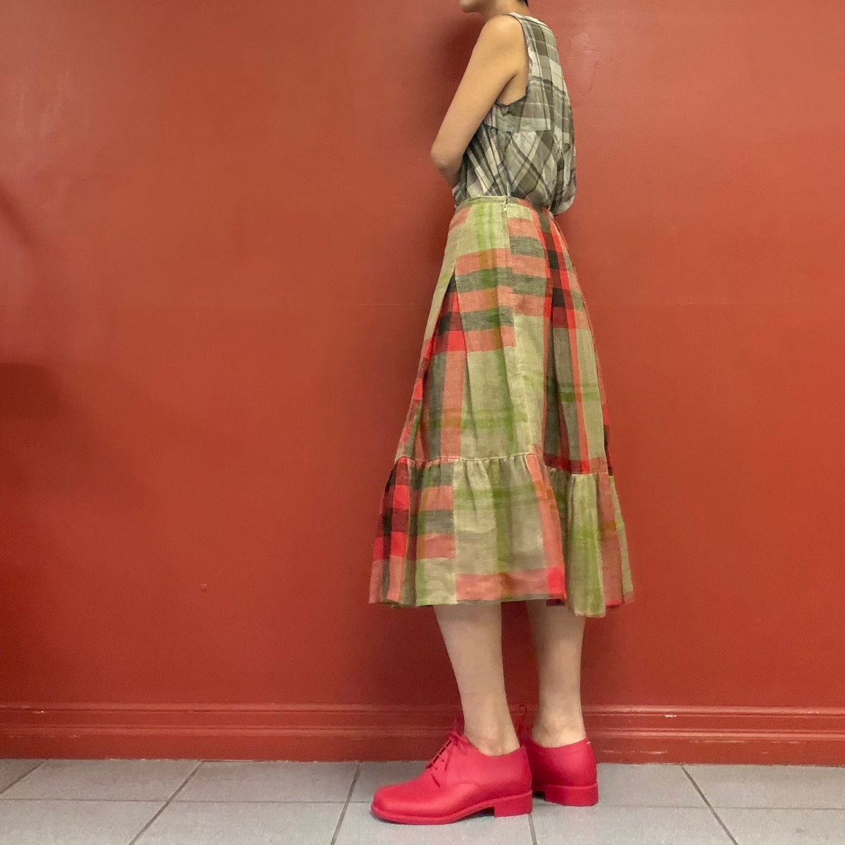Mixed plaid tiered skirt
