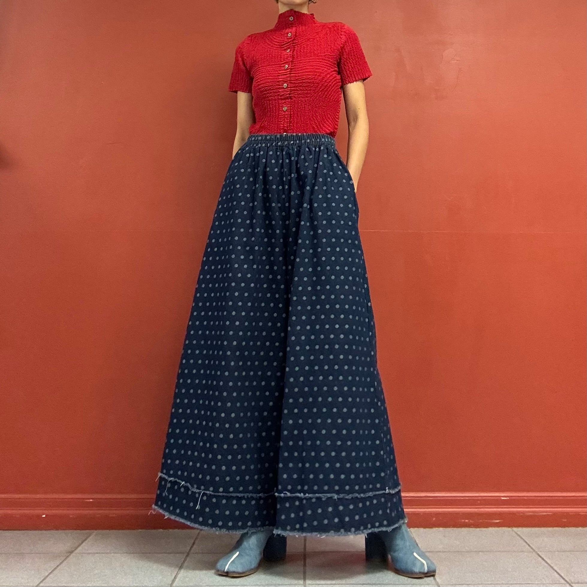 Polka dots denim wide pants