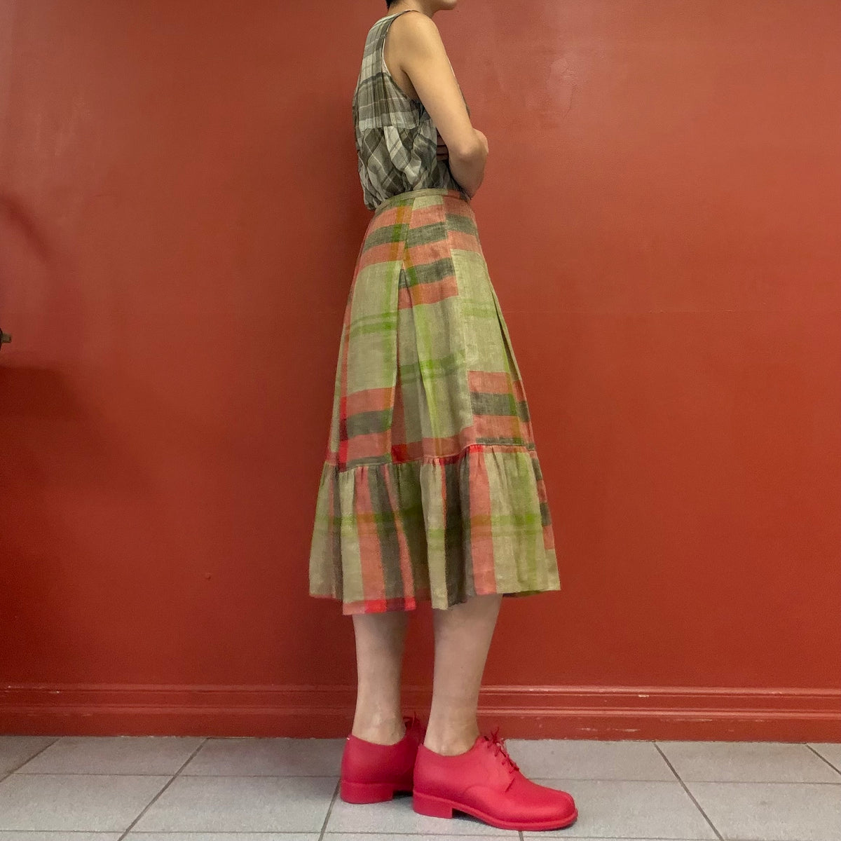 Mixed plaid tiered skirt
