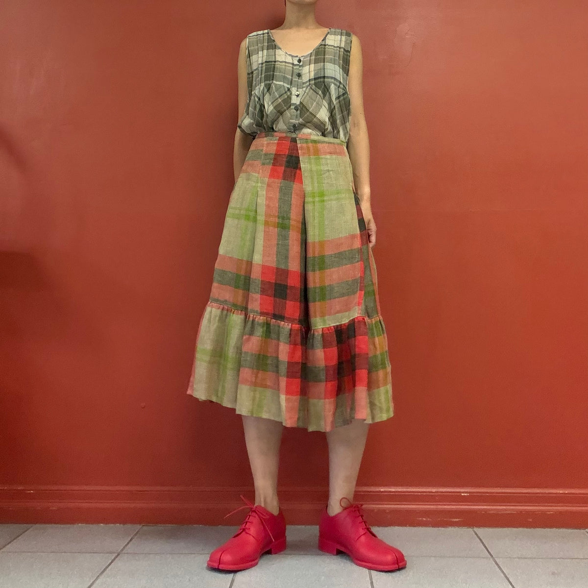 Mixed plaid tiered skirt