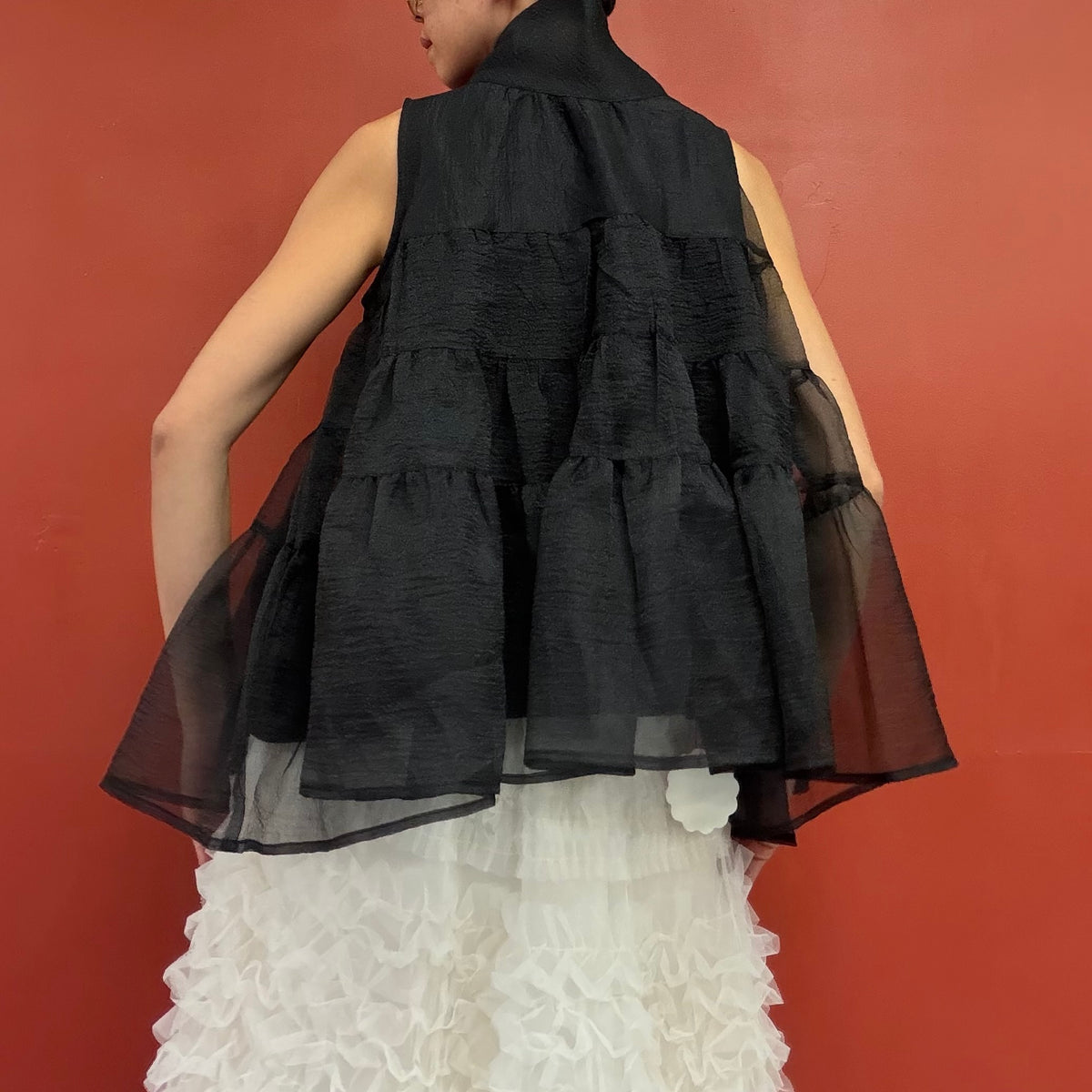 Sheer tiered bow neck top