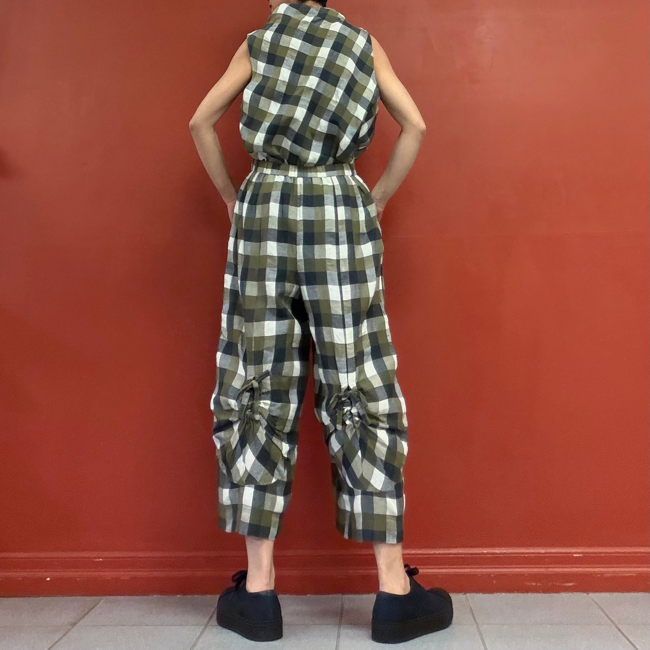 JI U soft check back ribbon pants