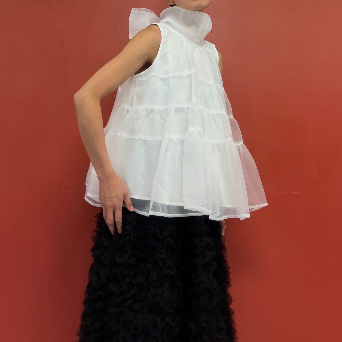 Sheer tiered bow neck top