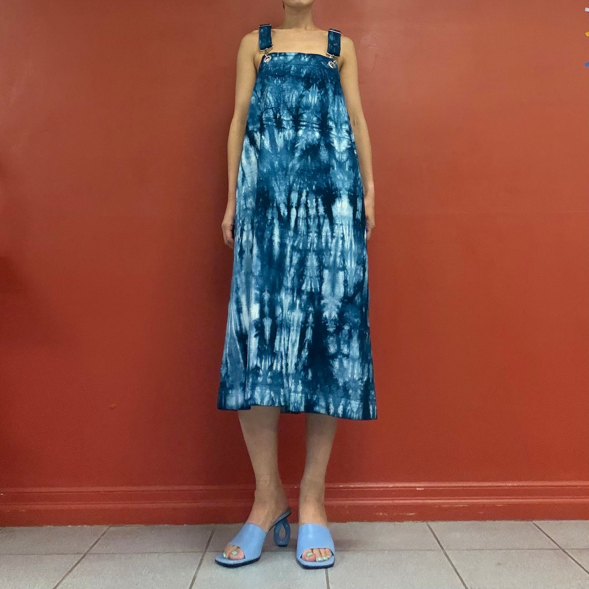 Indigo shibori pinafore dress
