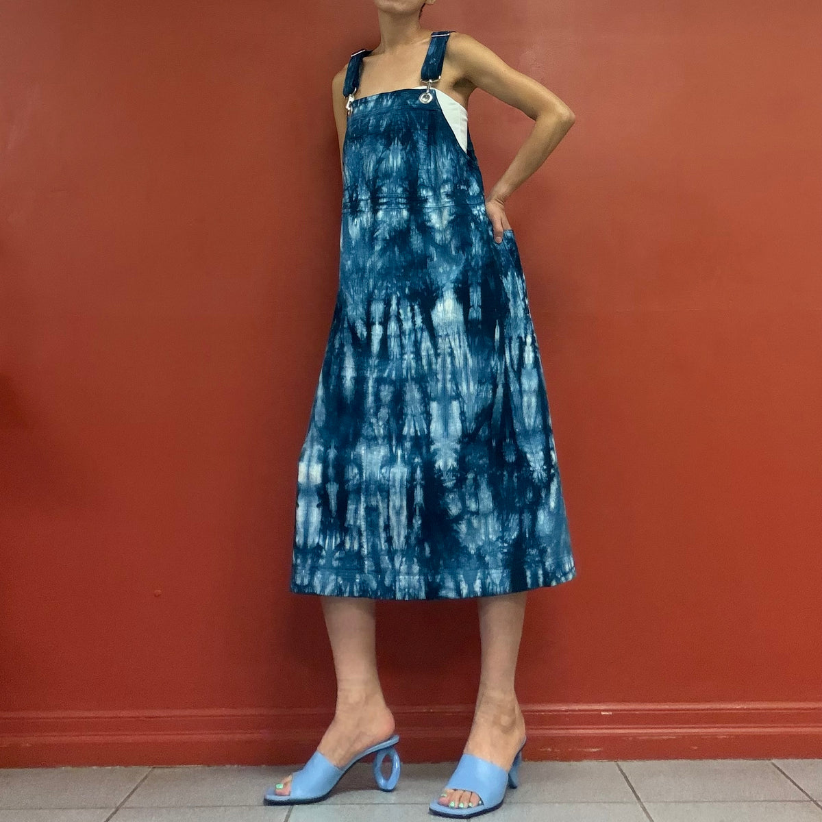 Indigo shibori pinafore dress