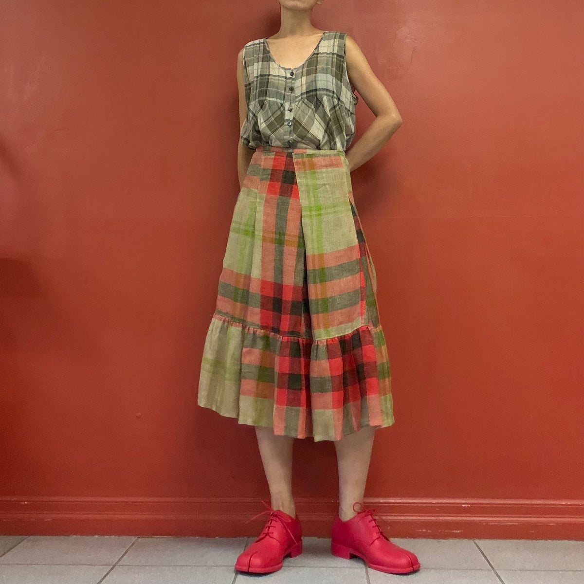 Mixed plaid tiered skirt