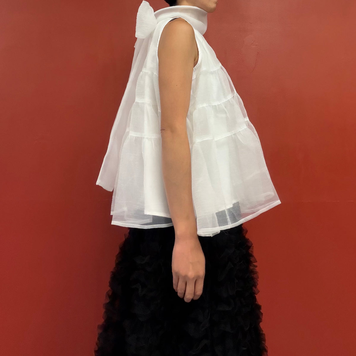 Sheer tiered bow neck top