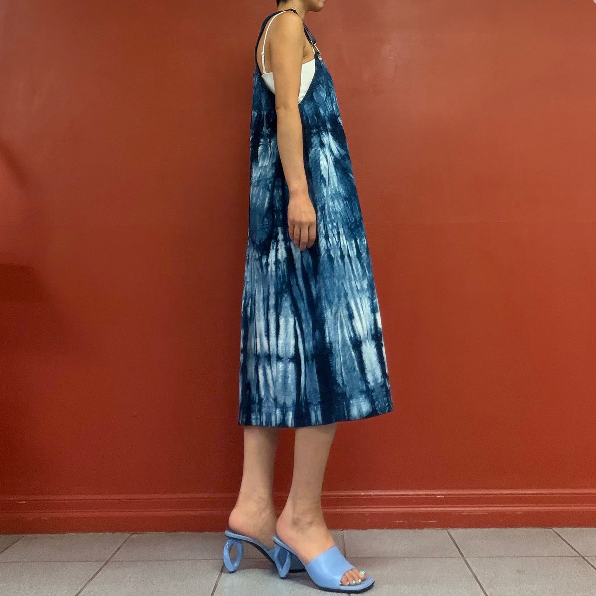 Indigo shibori pinafore dress