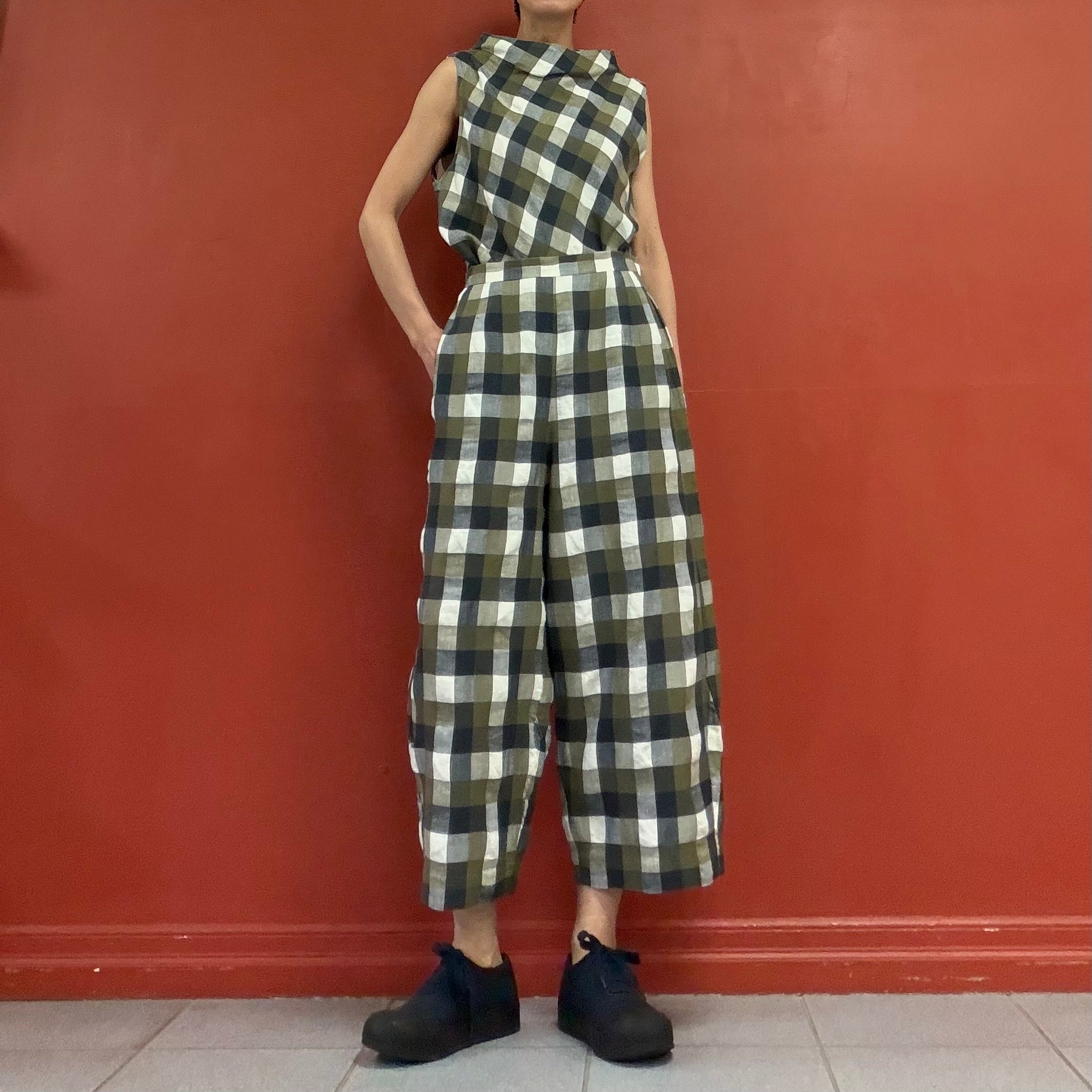 JI U soft check back ribbon pants