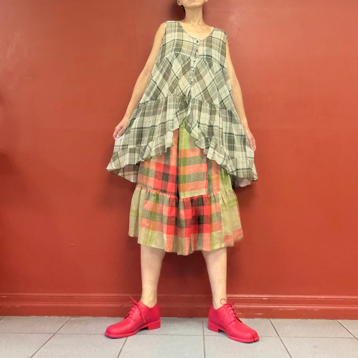 Mixed plaid tiered skirt