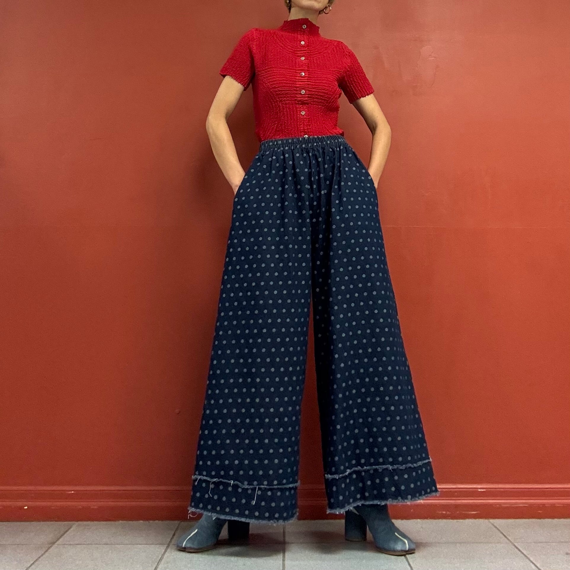 Polka dots denim wide pants