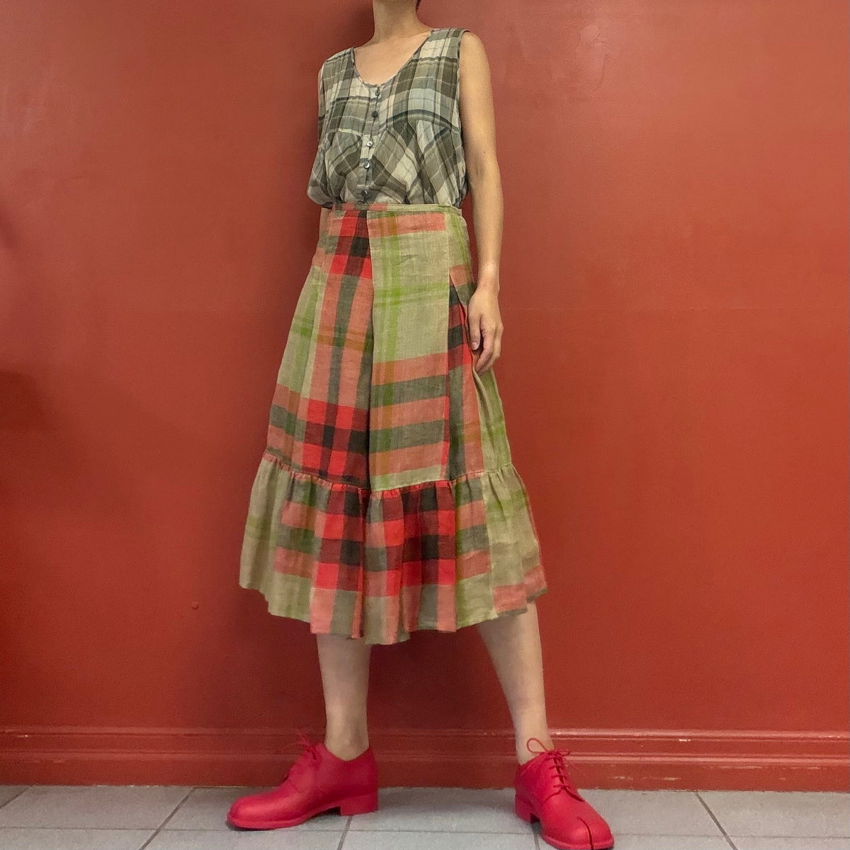 Mixed plaid tiered skirt