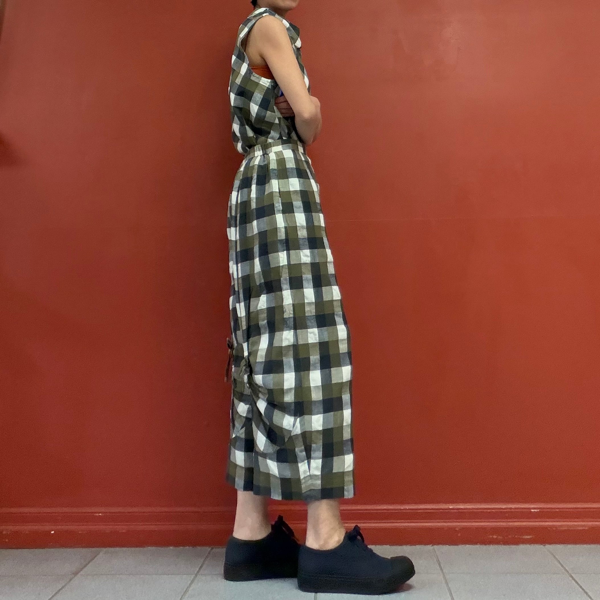 JI U soft check back ribbon pants