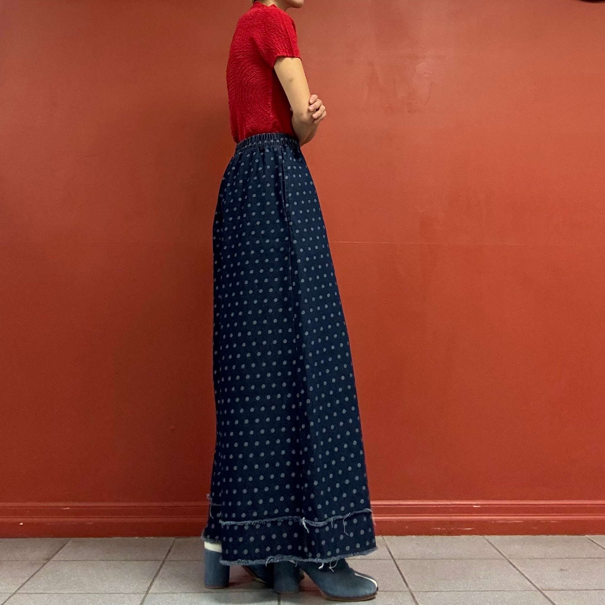 Polka dots denim wide pants