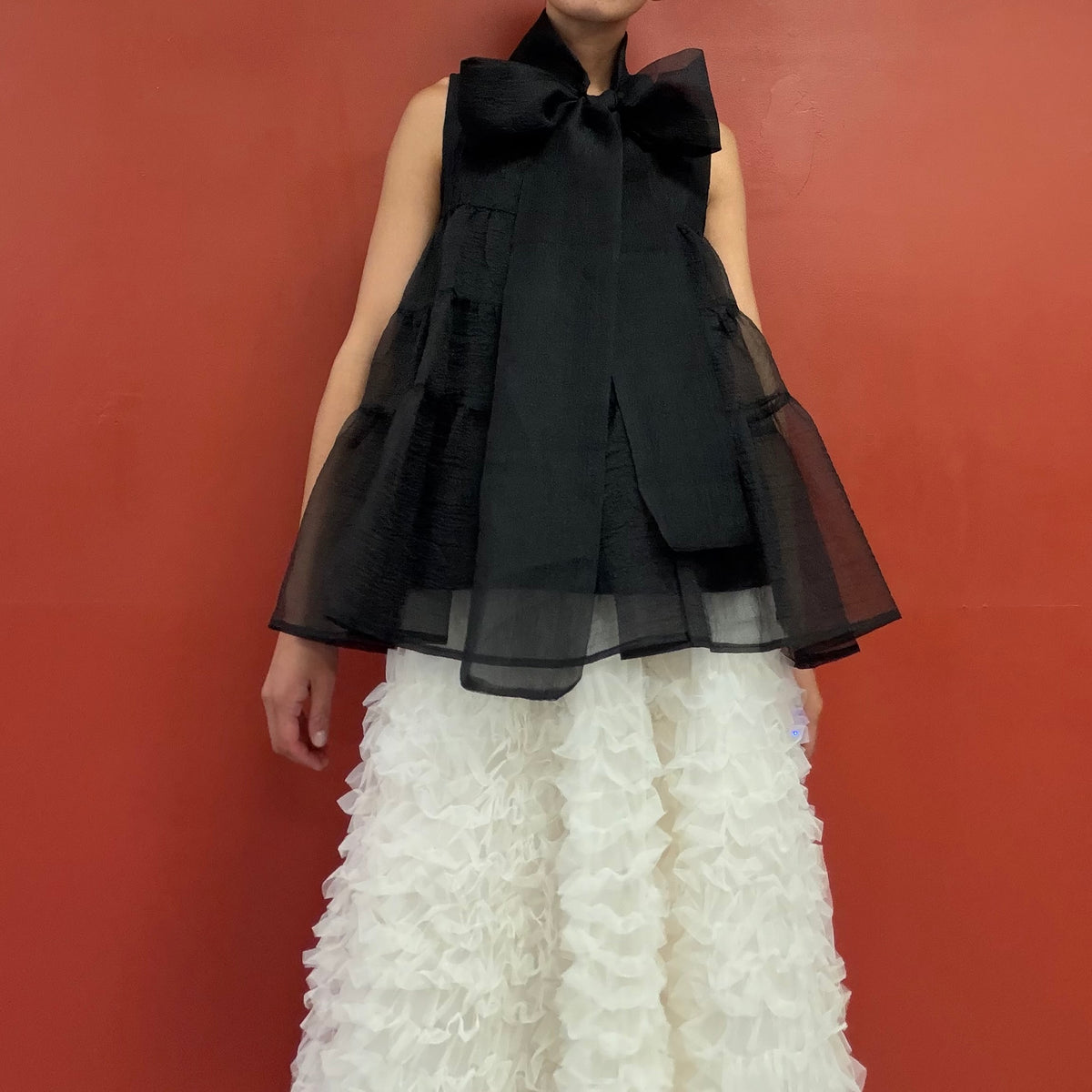 Sheer tiered bow neck top