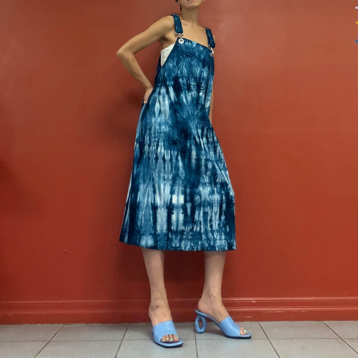 Indigo shibori pinafore dress