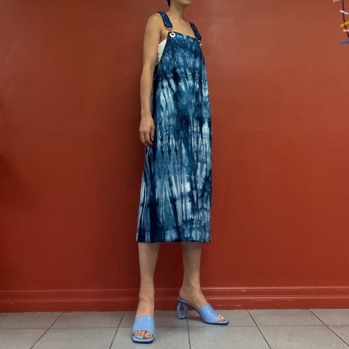 Indigo shibori pinafore dress