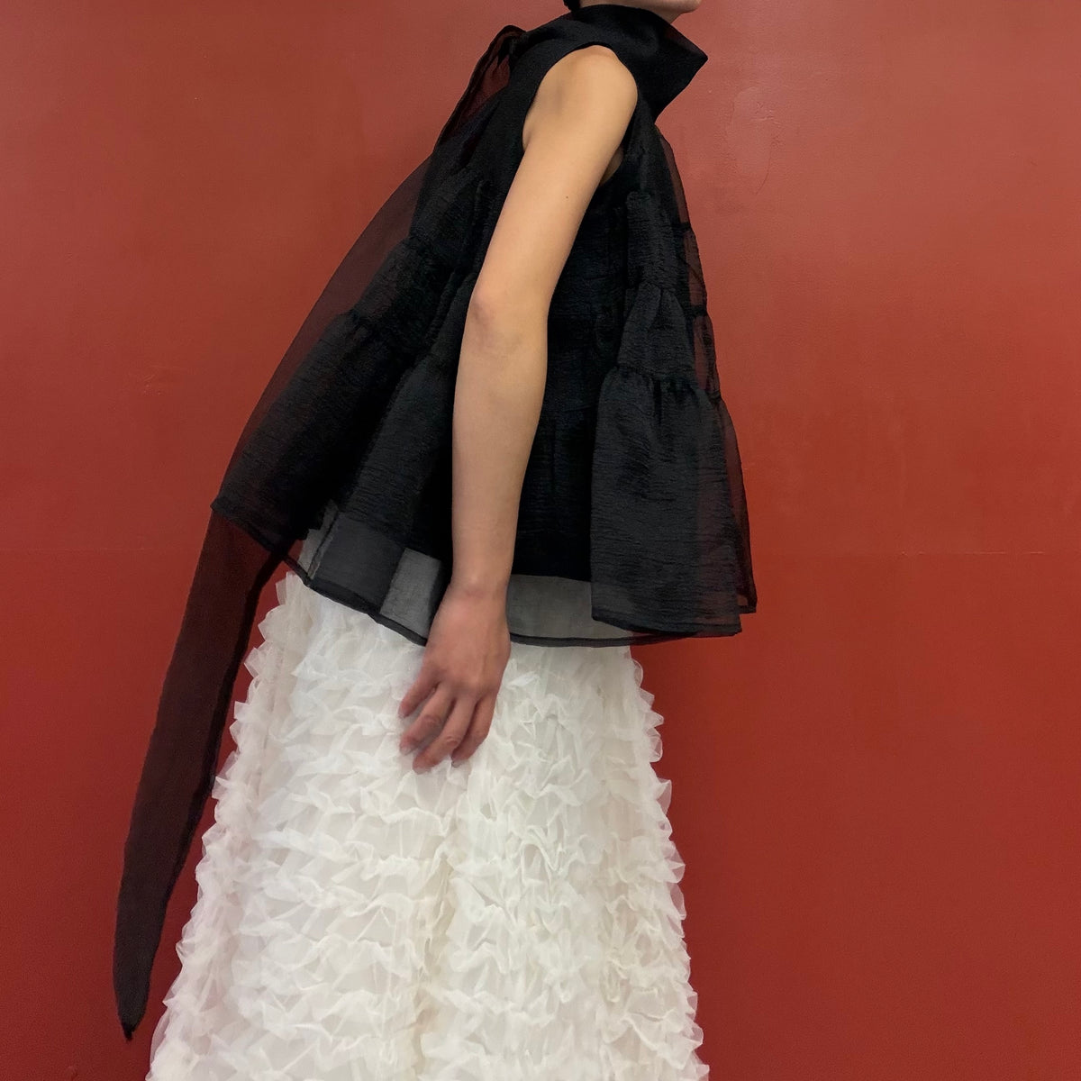 Sheer tiered bow neck top