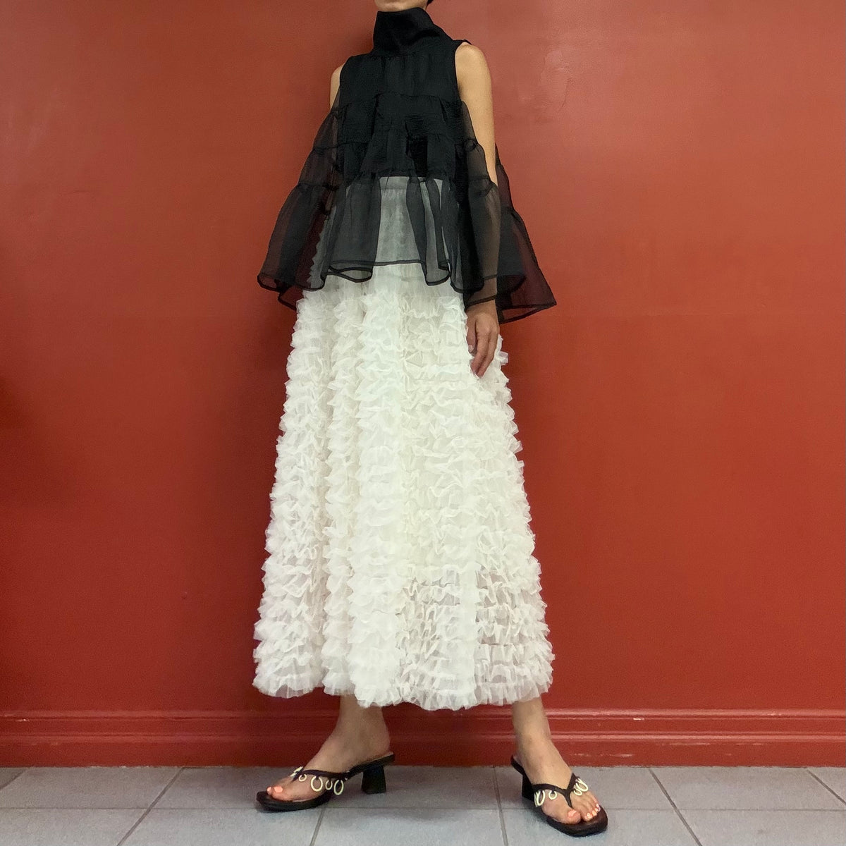 Sheer tiered bow neck top