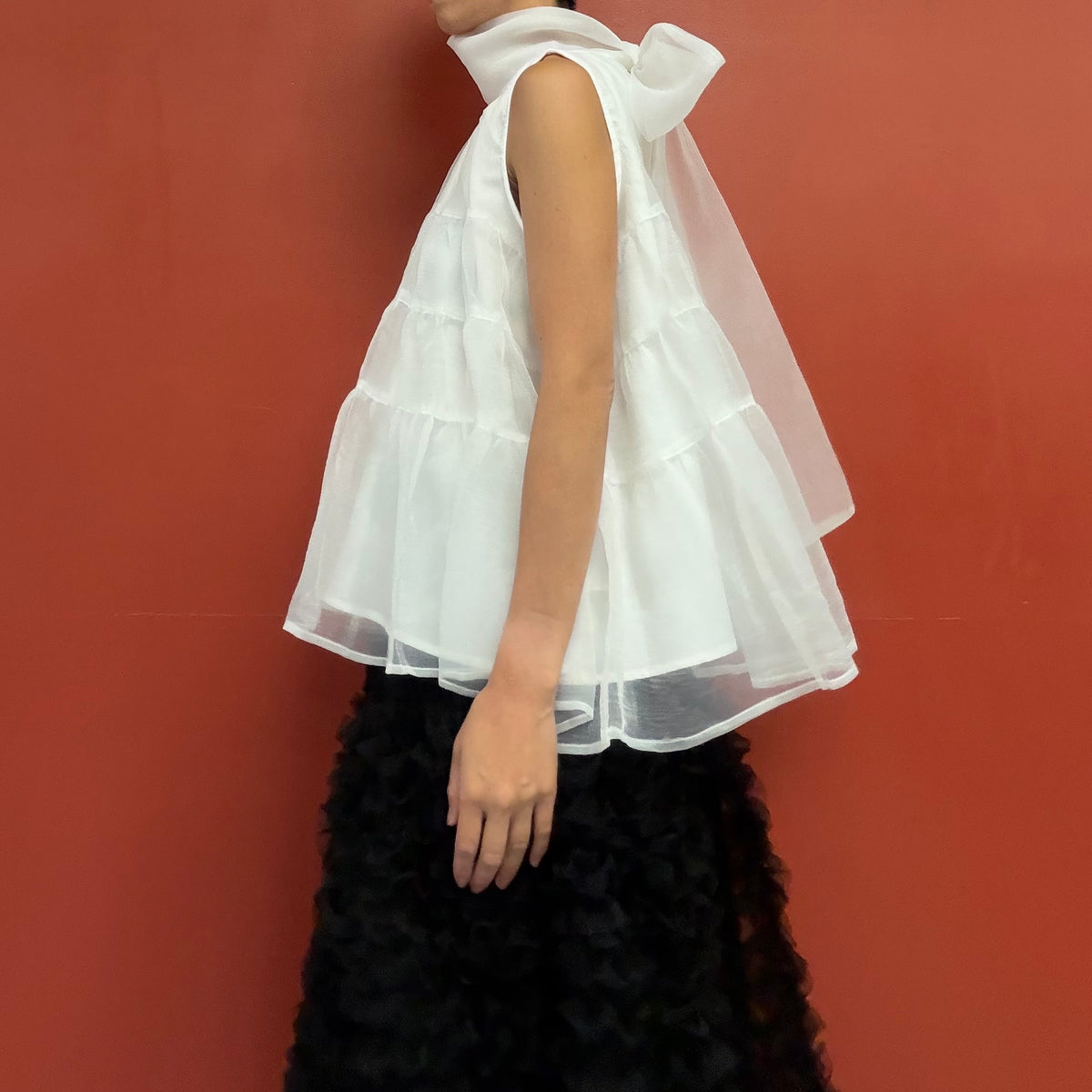 Sheer tiered bow neck top