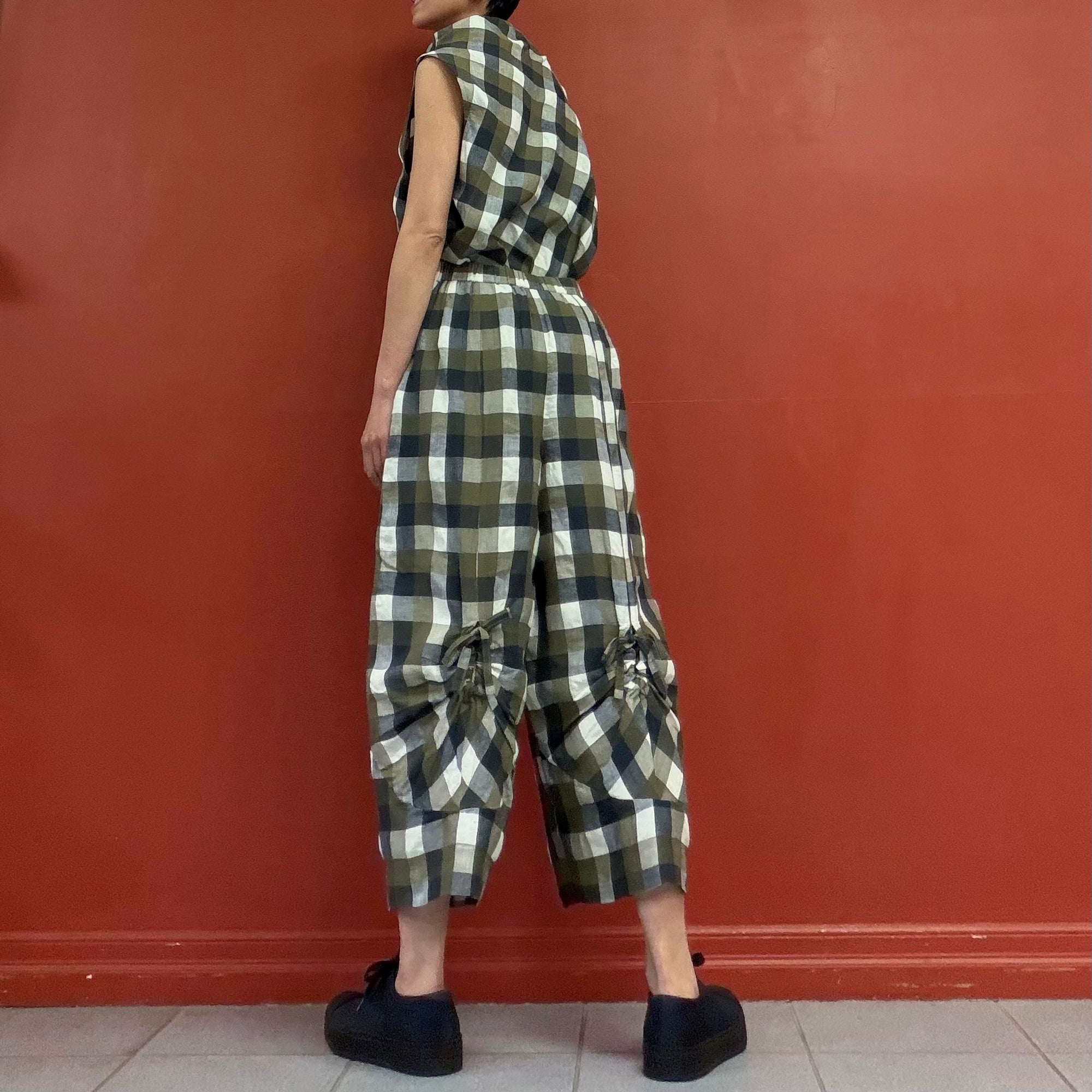 JI U soft check back ribbon pants