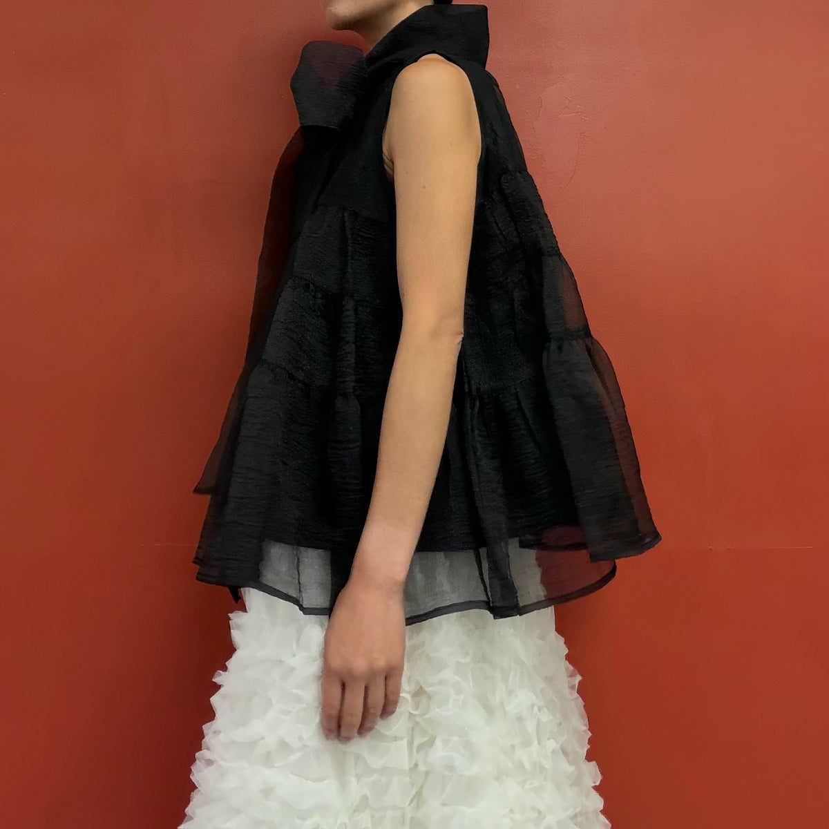 Sheer tiered bow neck top