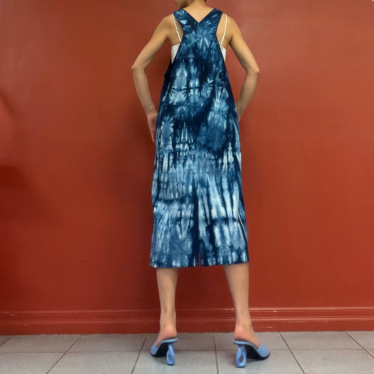 Indigo shibori pinafore dress