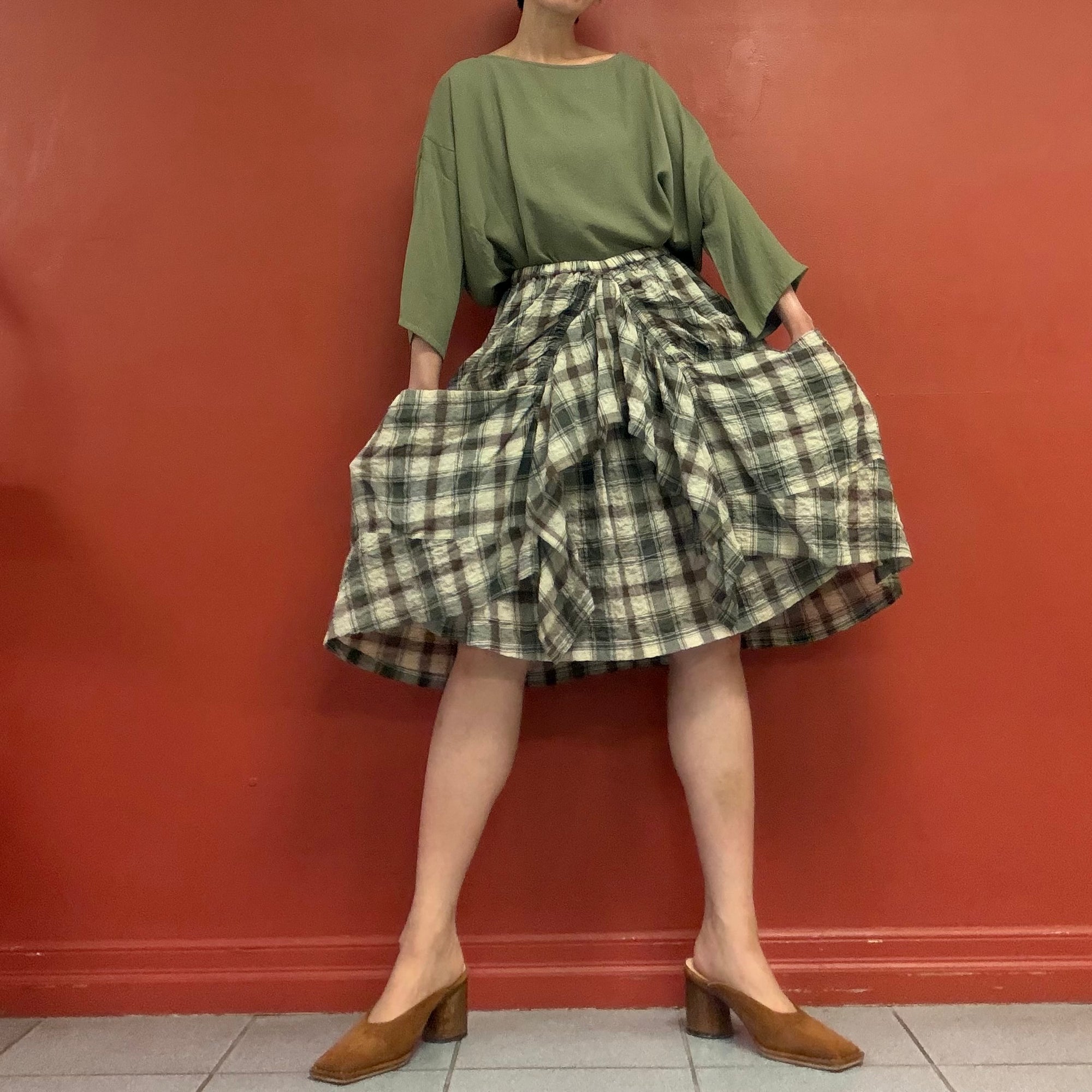 Draped pocket check skirt