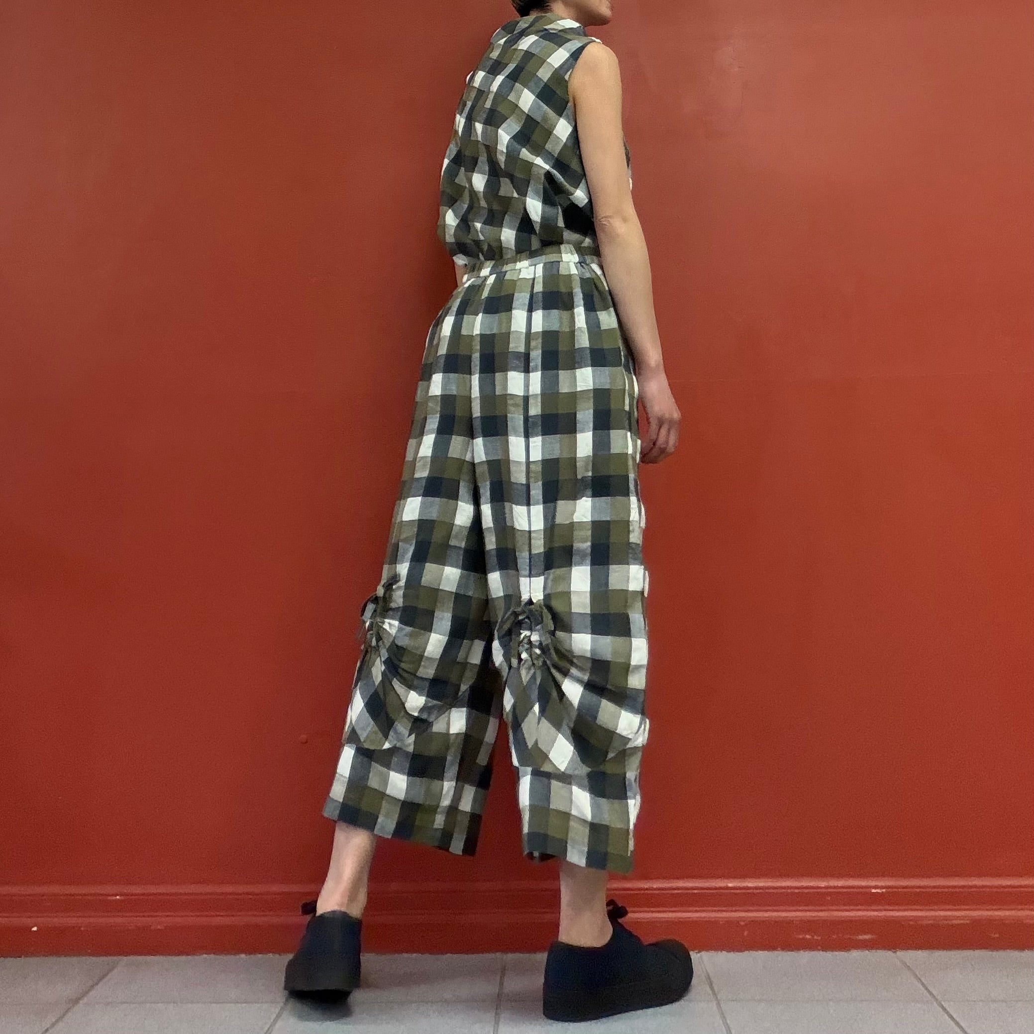 JI U soft check back ribbon pants