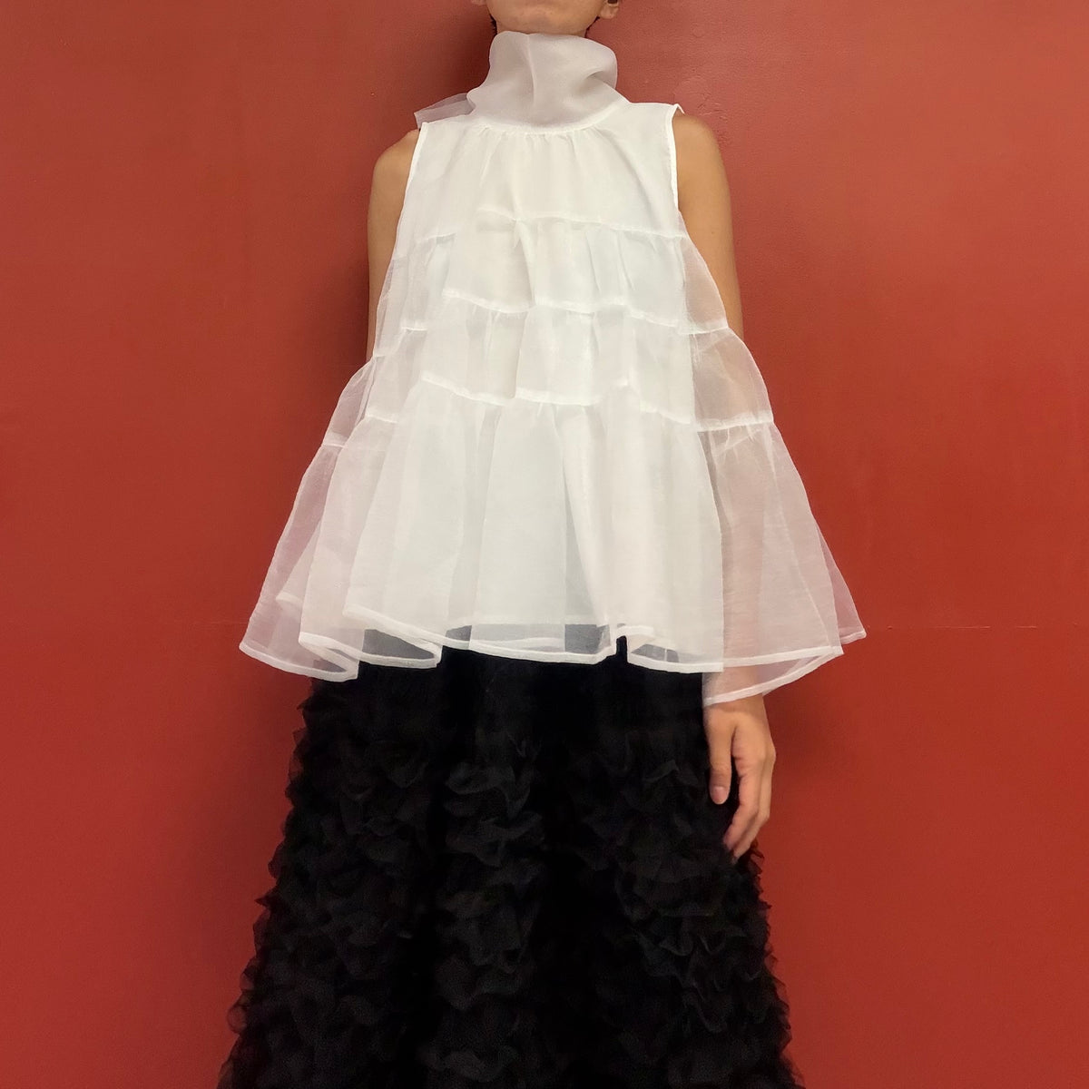 Sheer tiered bow neck top