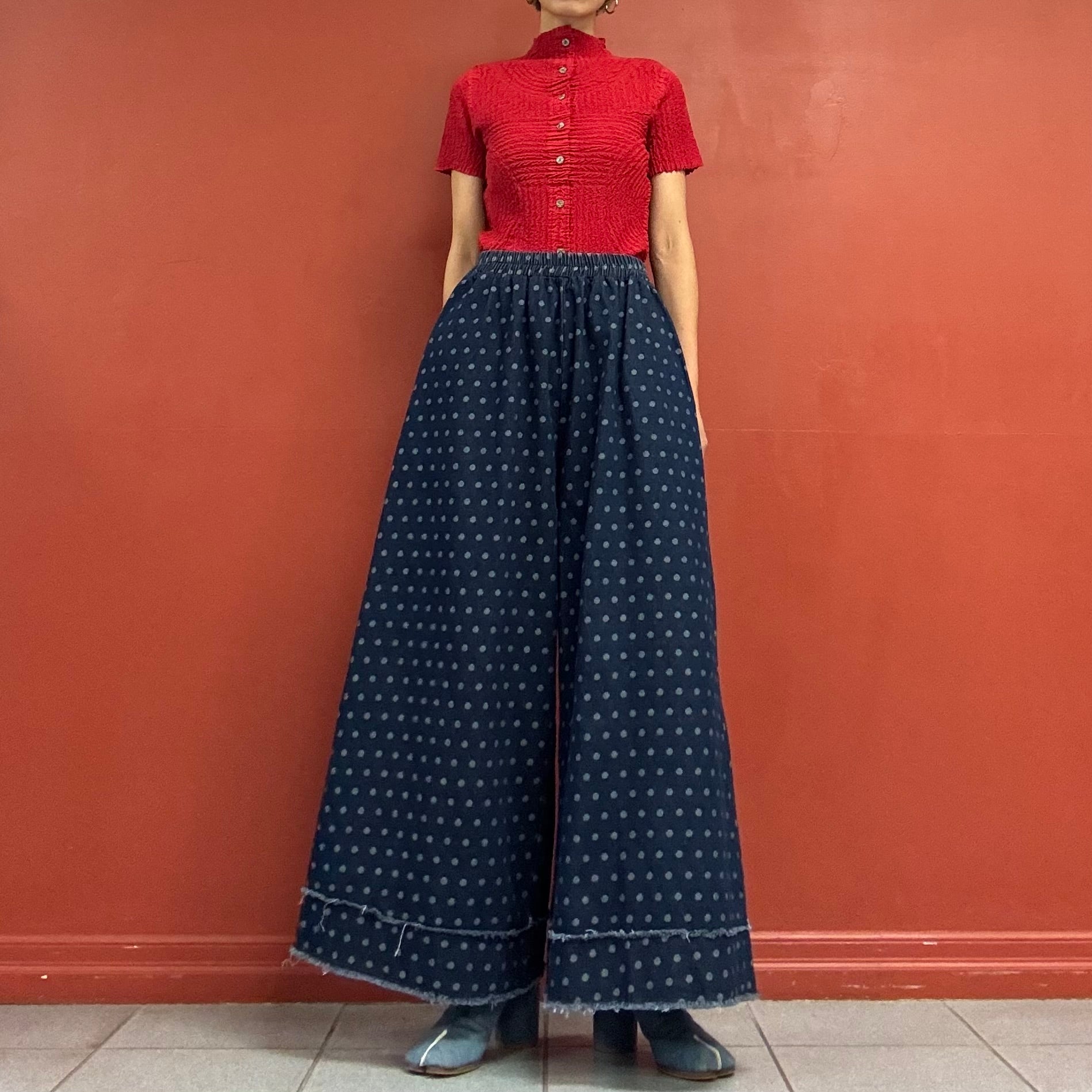 Polka dots denim wide pants