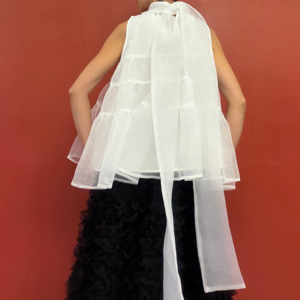 Sheer tiered bow neck top