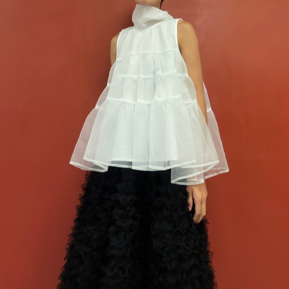 Sheer tiered bow neck top