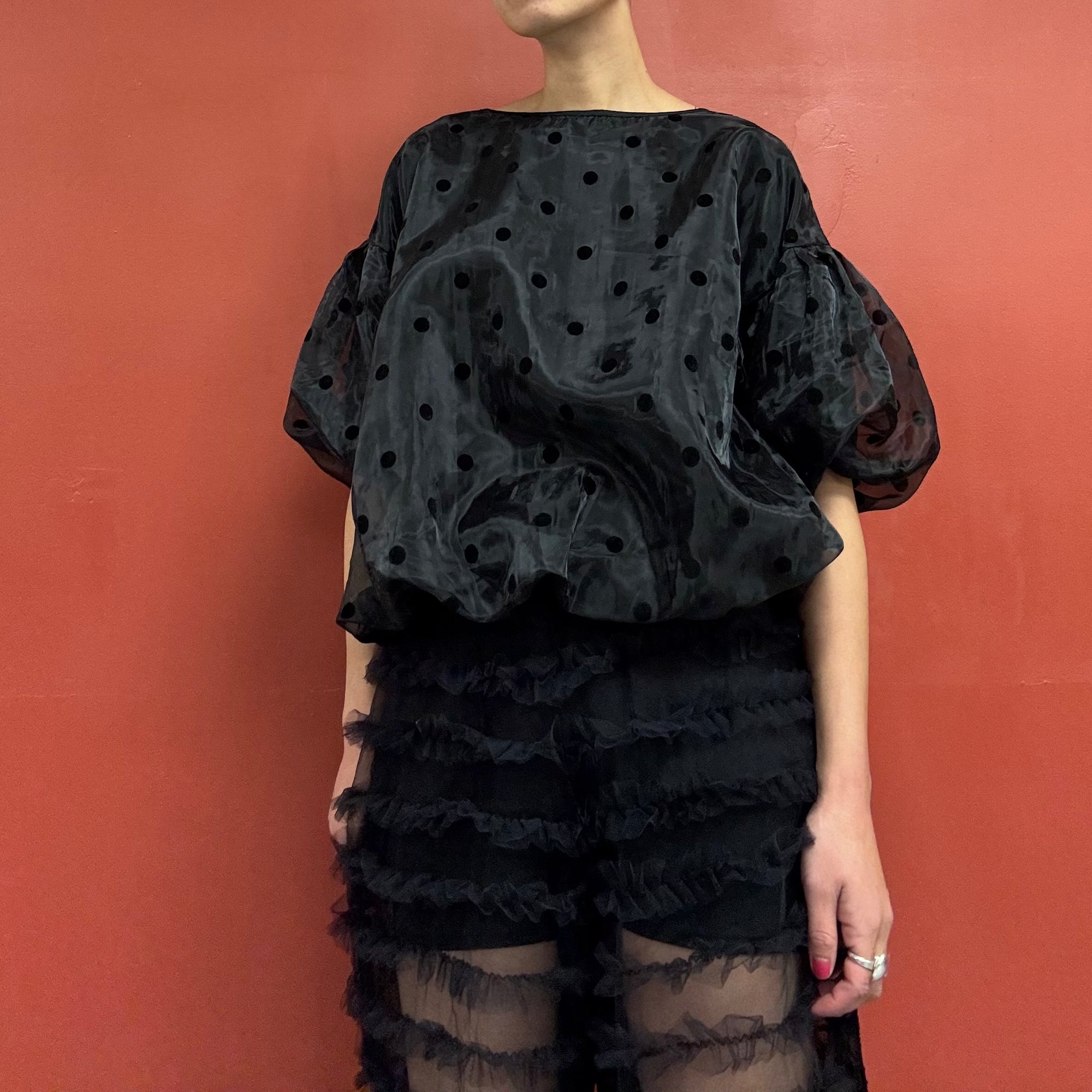 Polka dot puffy sheer blouse